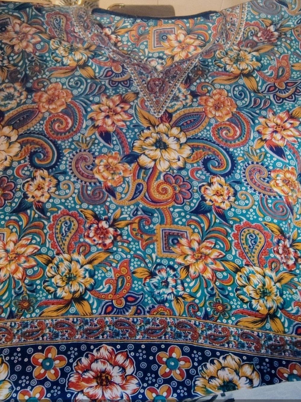 Free People Teal Floral Paisley Tunic with Gold and Orange Accents